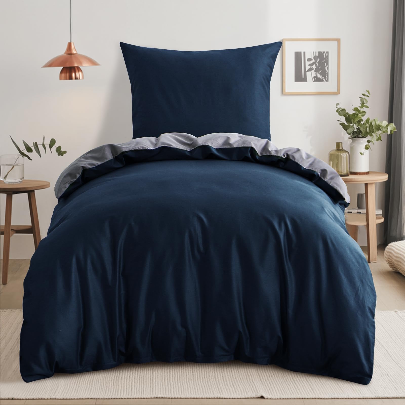 RUIKASI Bettwäsche 155x220 Baumwolle Blau - Bettwäsche-Sets 155x220cm 2teilig Wendebettwäsche 2tlg mit Reißverschluss, zweifarbige Bettbezug Set Dunkelblau und Grau Cotton