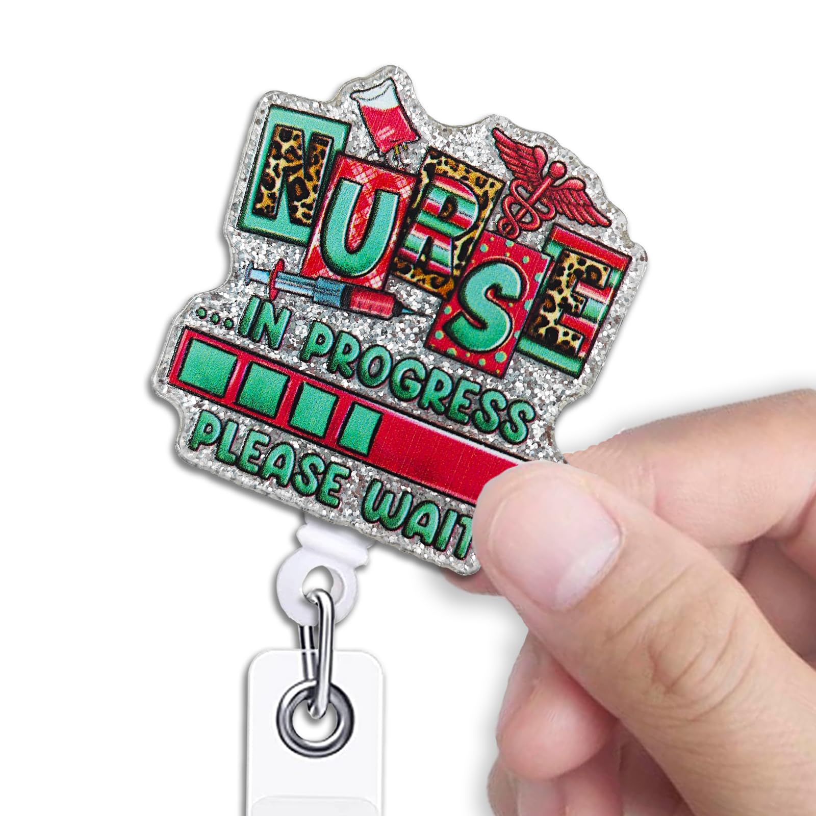 KANGYUSO Funny Nurse Retractable Badge Reel, Nurse in Progress Please Wait Silver Glitter Badge Reel with Alligator Clip, Funny ID Badge Holder Gift for Nursing Doctor Teacher Student Medical Staff