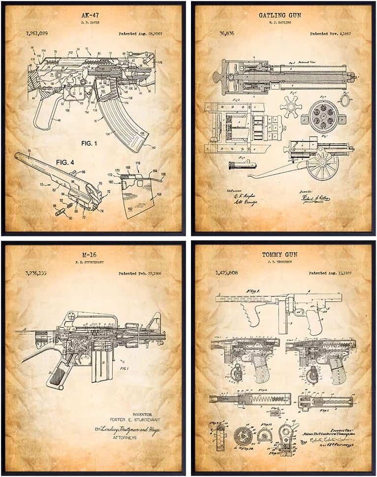 Original Famous Automatic Weapons Wall Art Patent Prints - Unframed Set of Four - Great Gift for Gun and Firearm Enthusiasts - Man Cave Home Decor - Ready to Frame (8x10) Vintage Photos