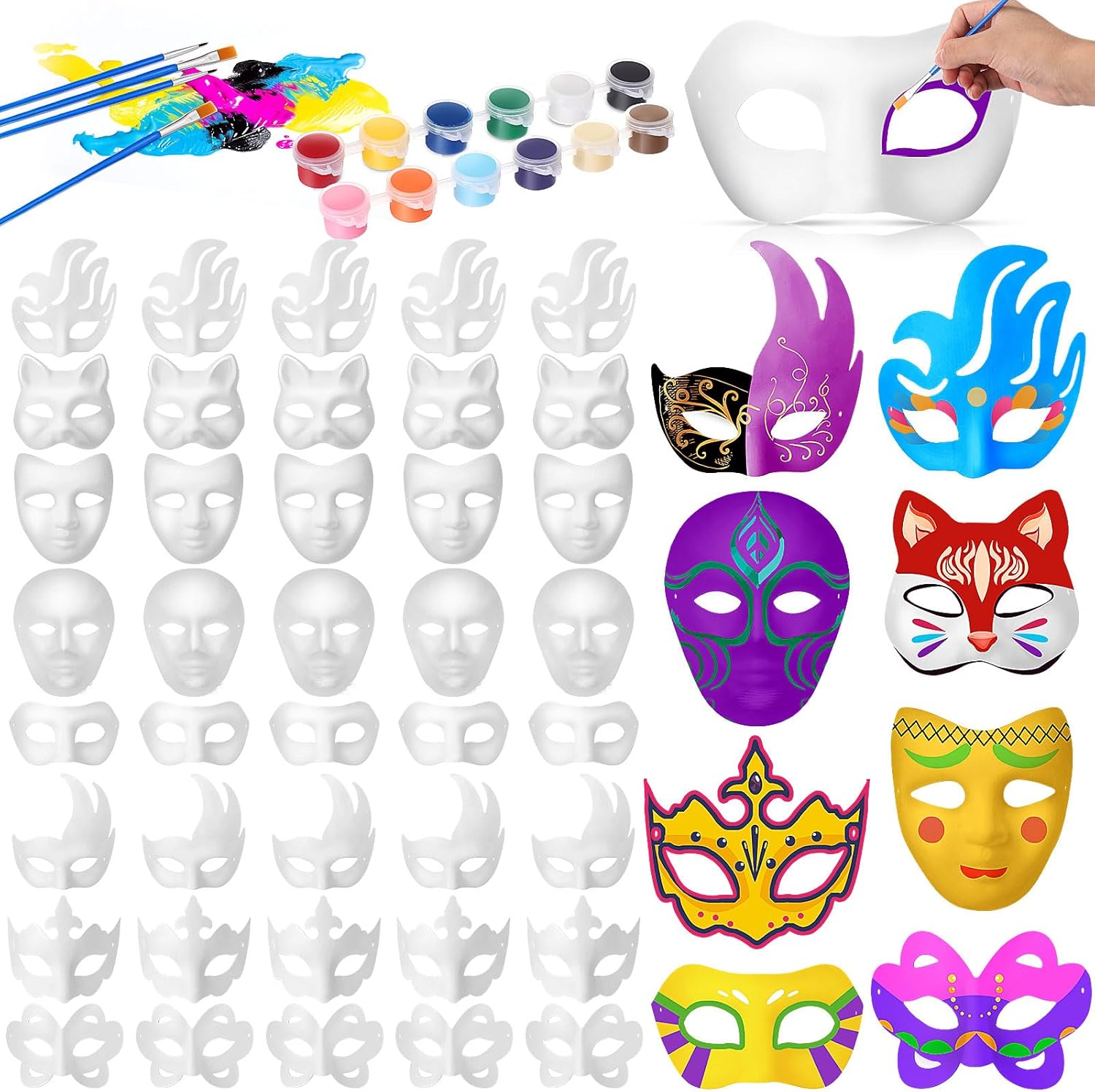 Geyoga 48 Pcs DIY Mardi Gras Masks Bulk White Masquerade Blank Half Face Carnival Masks to Decorate with 24 Color Paint Kit and 8 Brushes for Halloween Costume Accessory