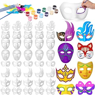 Geyoga 48 Pcs DIY Mardi Gras Masks Bulk White Masquerade Blank Half Face Carnival Masks to Decorate with 24 Color Paint Kit and 8 Brushes for Halloween Costume Accessory