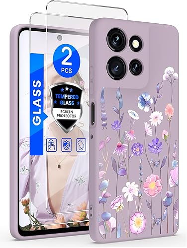 Funda para Motorola Moto G Power 5G 2025 con 2 protectores de pantalla de vidrio templado, funda de silicona líquida floral para niñas y mujeres,