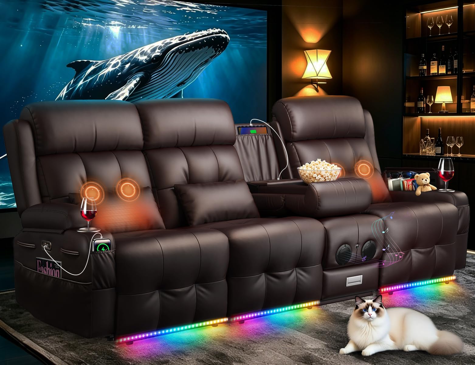Home Theater Seating, 3 Seat Power Loveseat Recliner Sofa with Heat Massage