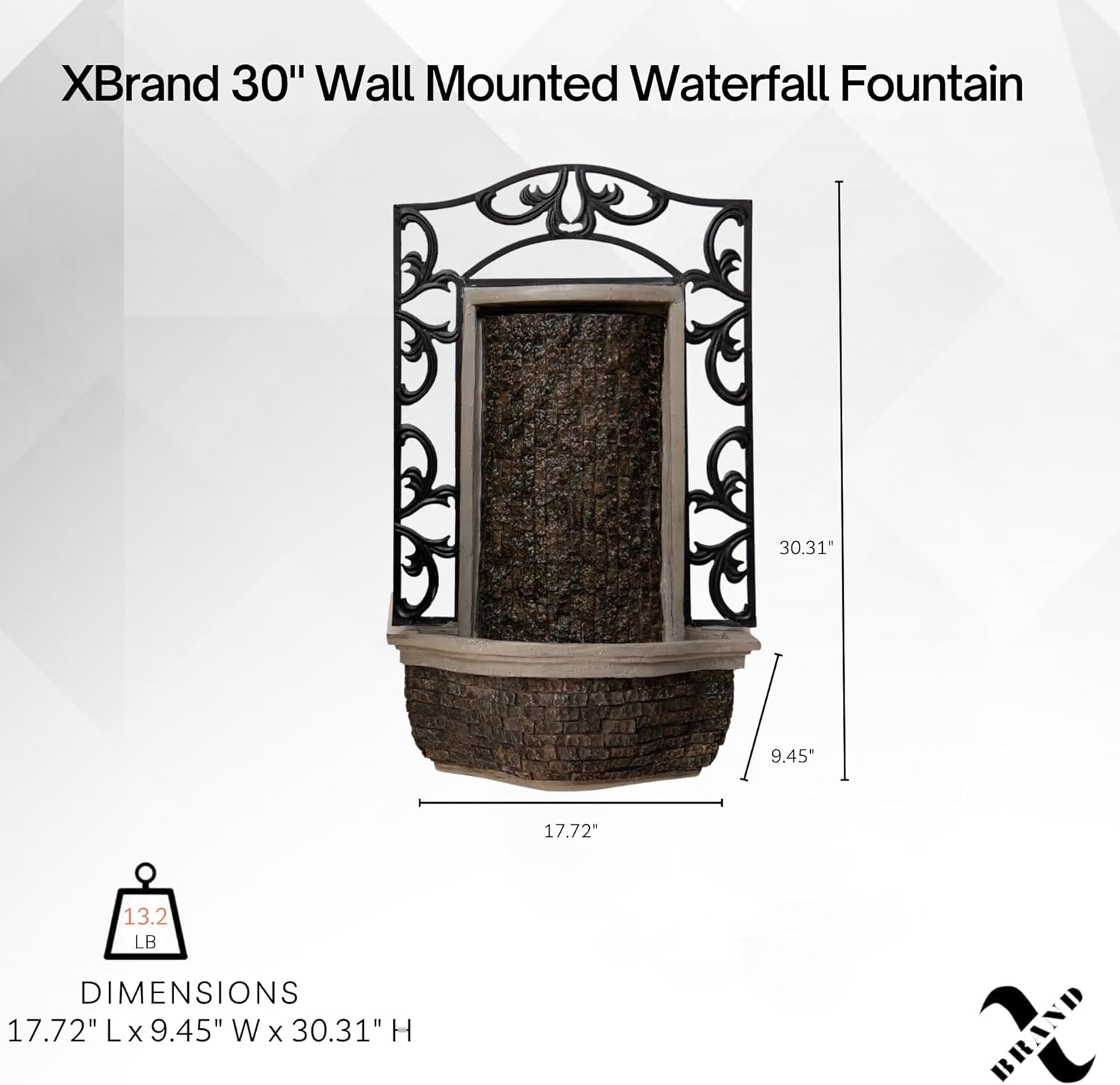 XBrand 30" Wall Mounted Waterfall Fountain, Indoor Outdoor Stone & Black Polyresin Metal Wall Fountain with Pump, Modern Cascading Water Feature for Patio, Garden, Balcony Decor