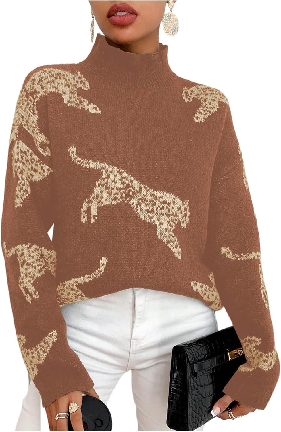 WDIRARA Women's Leopard Tiger Print Sweater High Neck Long Sleeve Fuzzy Knitted Pullover Top