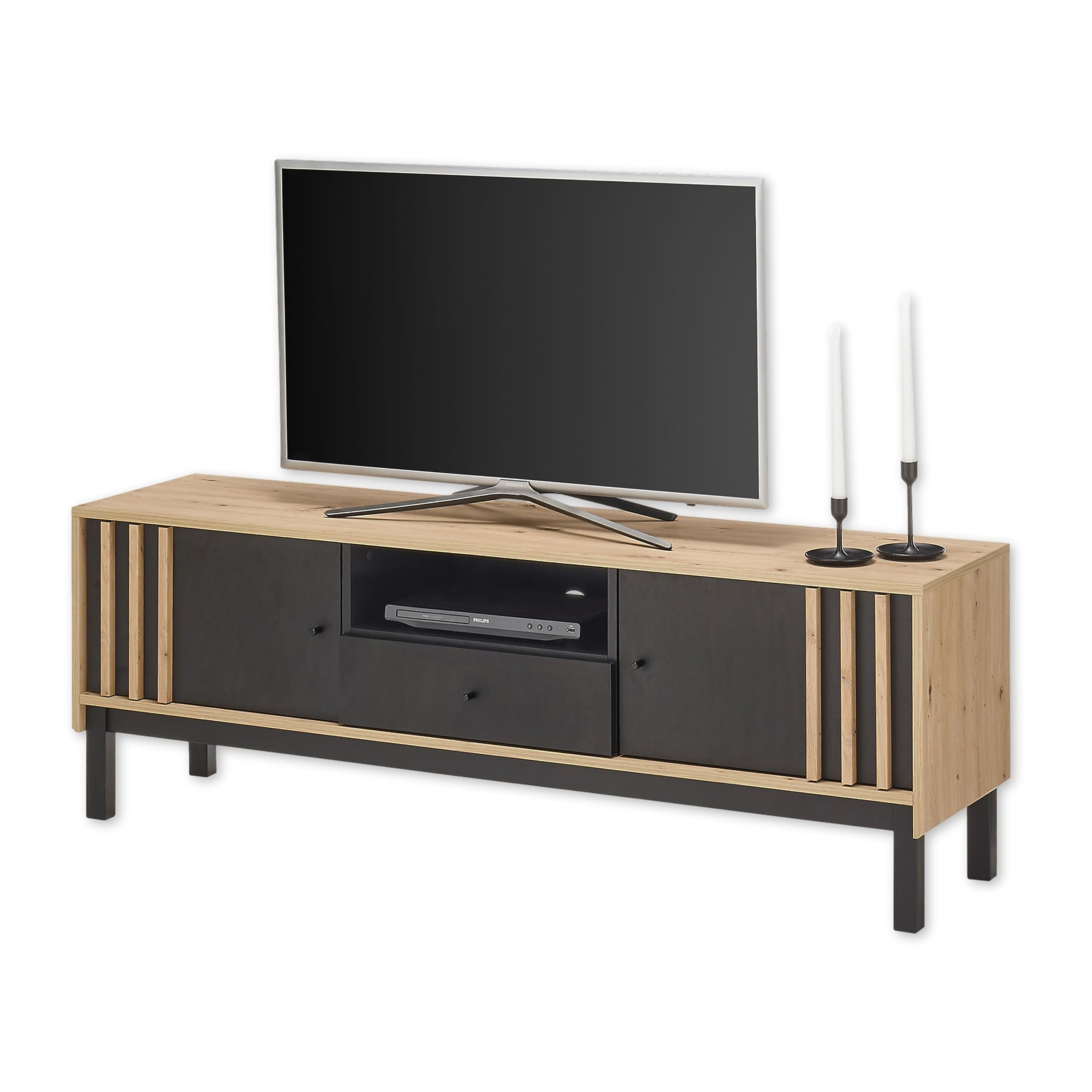 VOLANO TV-Lowboard in Artisan Eiche Optik, Schwarz - Moderner TV Schrank mit Schublade und viel Stauraum für Ihr Wohnzimmer - 156 x 54 x 39 cm (B/H/T)
