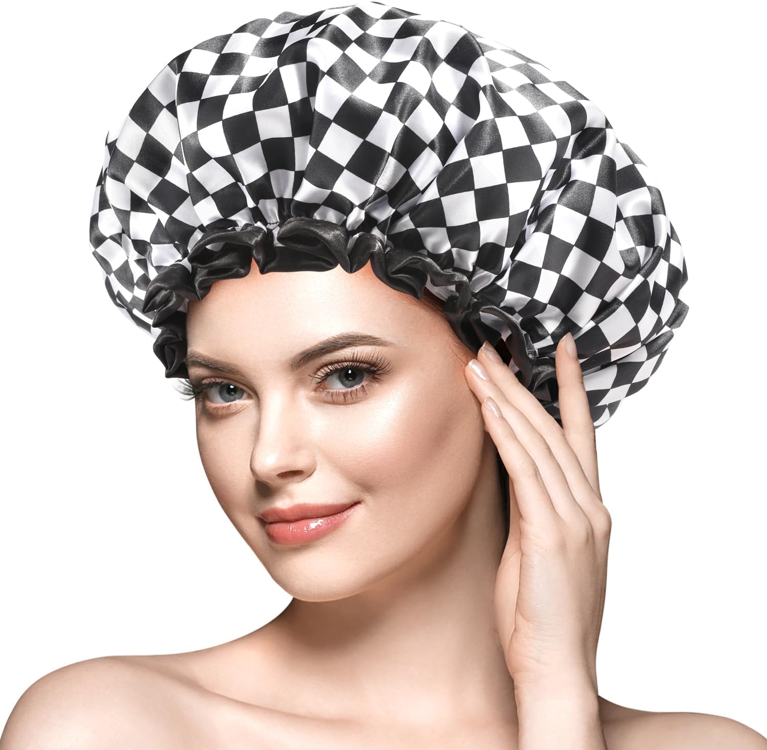 mikimini Large Shower Cap for Women Long Hair,Double Layers Waterproof, Reusable,Washable,Non