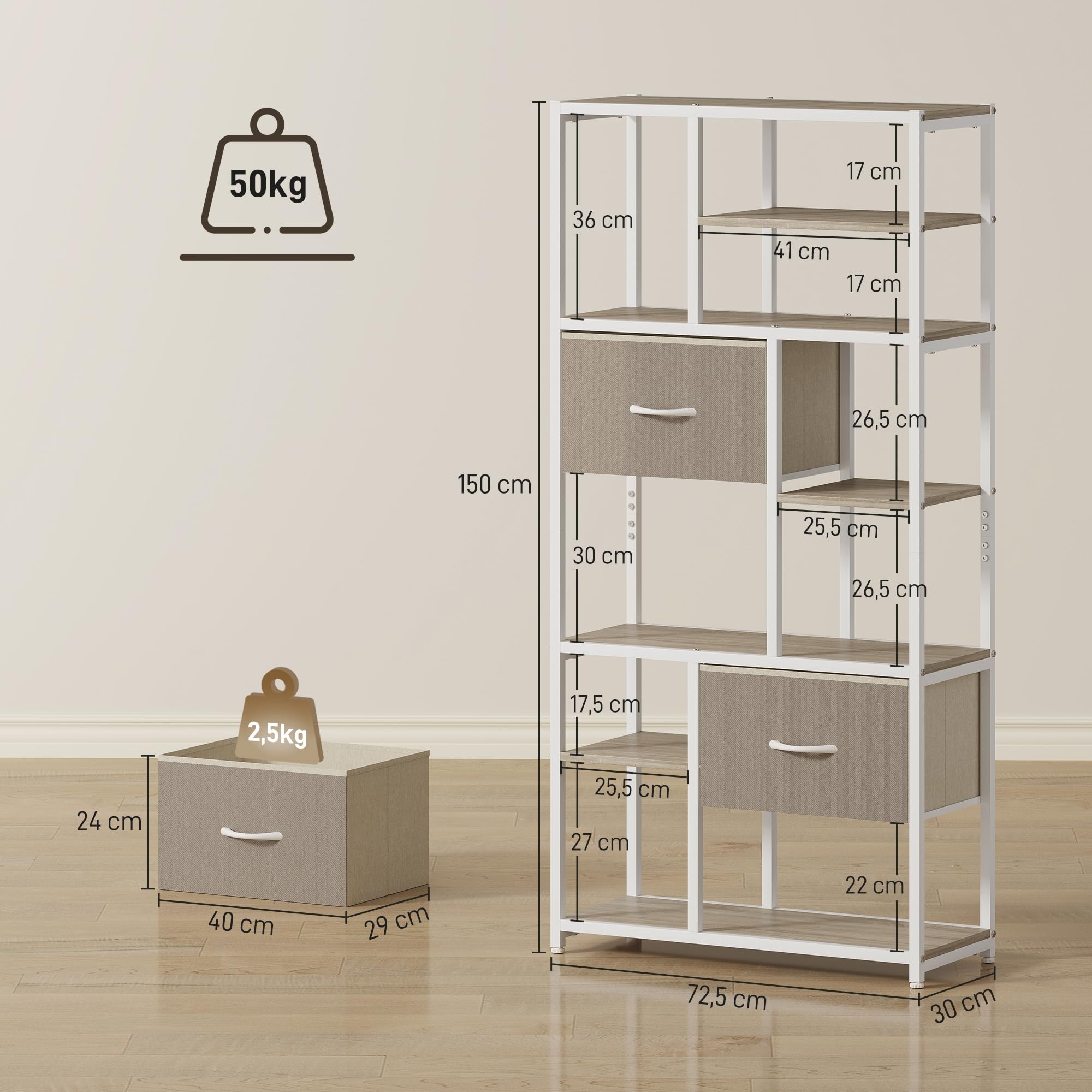 HOMCOM Mueble de almacenaje de 6 Niveles, librería con 2 cajones de Tela, 9 estantes Abiertos, Mueble de almacenaje con Estructura de Acero para salón, Estudio, Dormitorio, 72,5 x 30 x 150 cm,