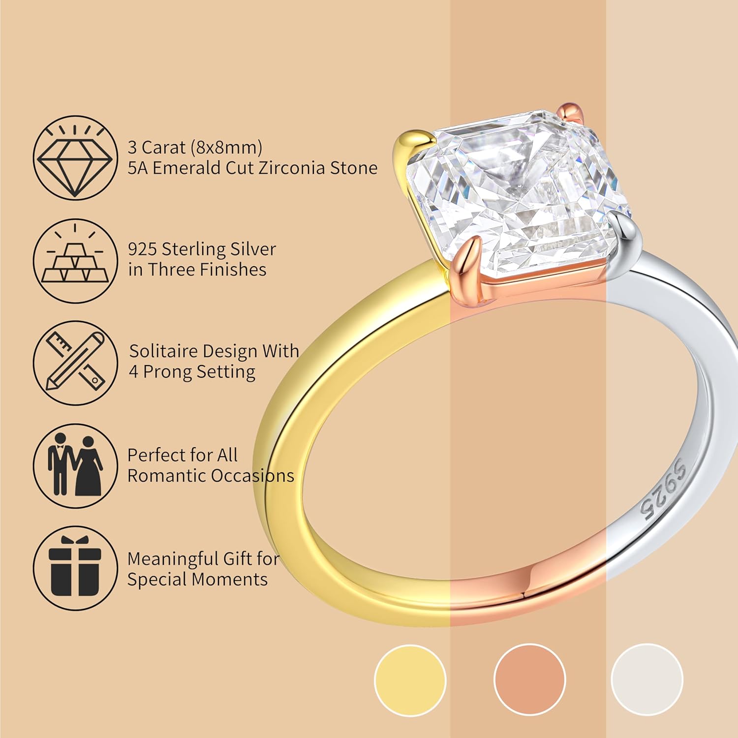 3CT 925 Sterling Silver Engagement Rings for Women Asscher Cut Solitaire Cubic Zirconia Wedding Promise Rings for Her Size 4-11 - Image 2