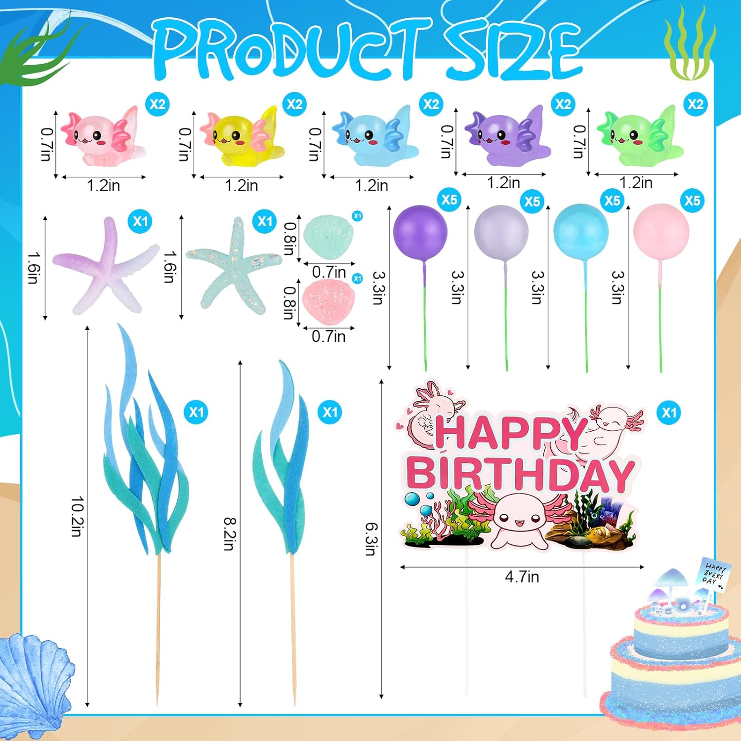 37 Pcs Axolotl Cake Topper Axolotl Birthday Decorations Include 1 Axolotl Happy Birthday Cake Topper 2 Bags Artificial Seagrass 34 Pcs Salamander Toy Ball Decorations for Kids Girls Party Supplies - Image 2