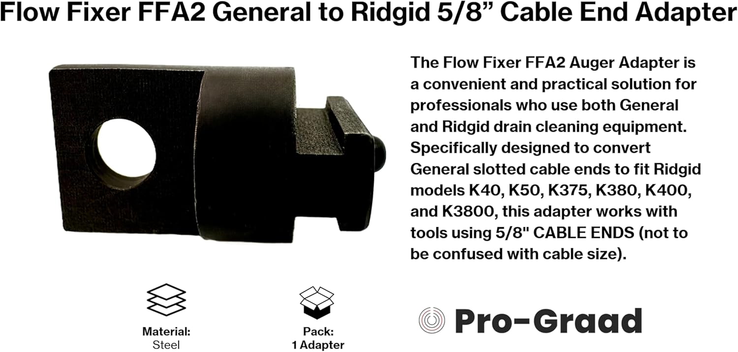 Auger Adapter FFA2 – Compatible with General to Ridgid Drain Cleaner, Converts General Slotted Cable Ends to Fit Ridgid Models K40, K50, K375, K380, K400 &K3800 with 5/8" Cable Ends (Not Cable Size)