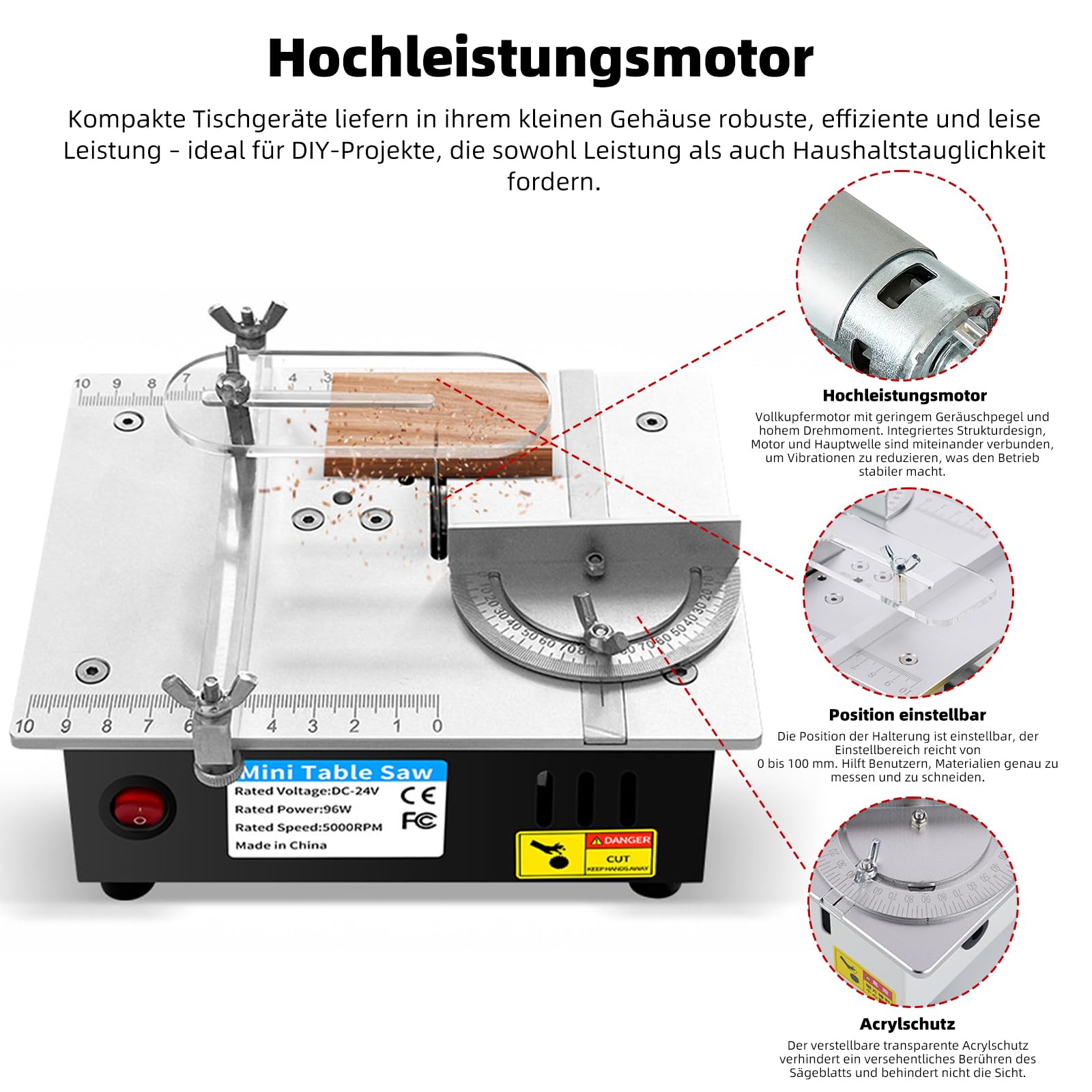 Mini Tischkreissäge, 7-Gang-Netzteil Einstellbarer,Tischkissägen Tragbare Präzisions Table Saw 0,1-15mm Sägeblatt Hönverstellbarer, Tischkreissäge mit 4 Klingen für DIY-Holzbearbeitugsprojekte