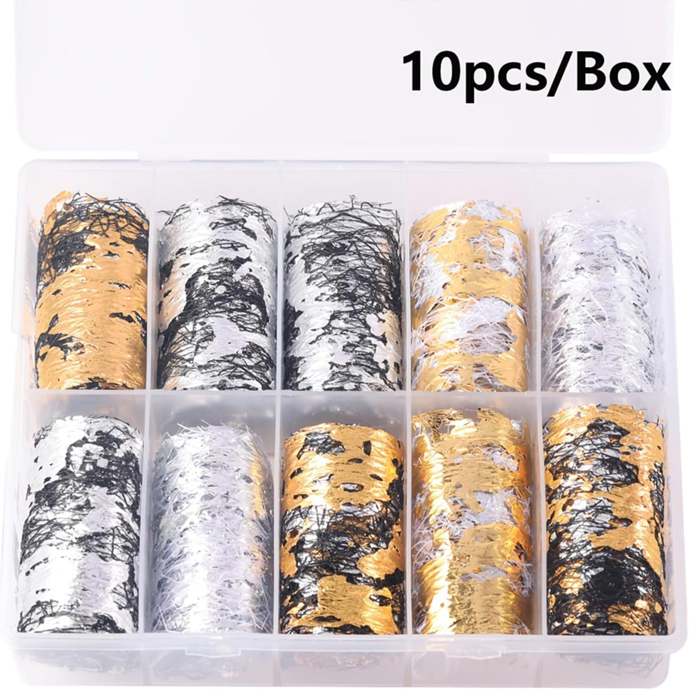 10 Sheets Gold Silver Foil Nail Art Holographic Aluminum Nail Foil Flakes Stickers Nail Sequins Glitter Line Decoration DIY Design Accessories Rainbow Nail Art Gold Nail Decals (Silvery Golden&Black) image 3