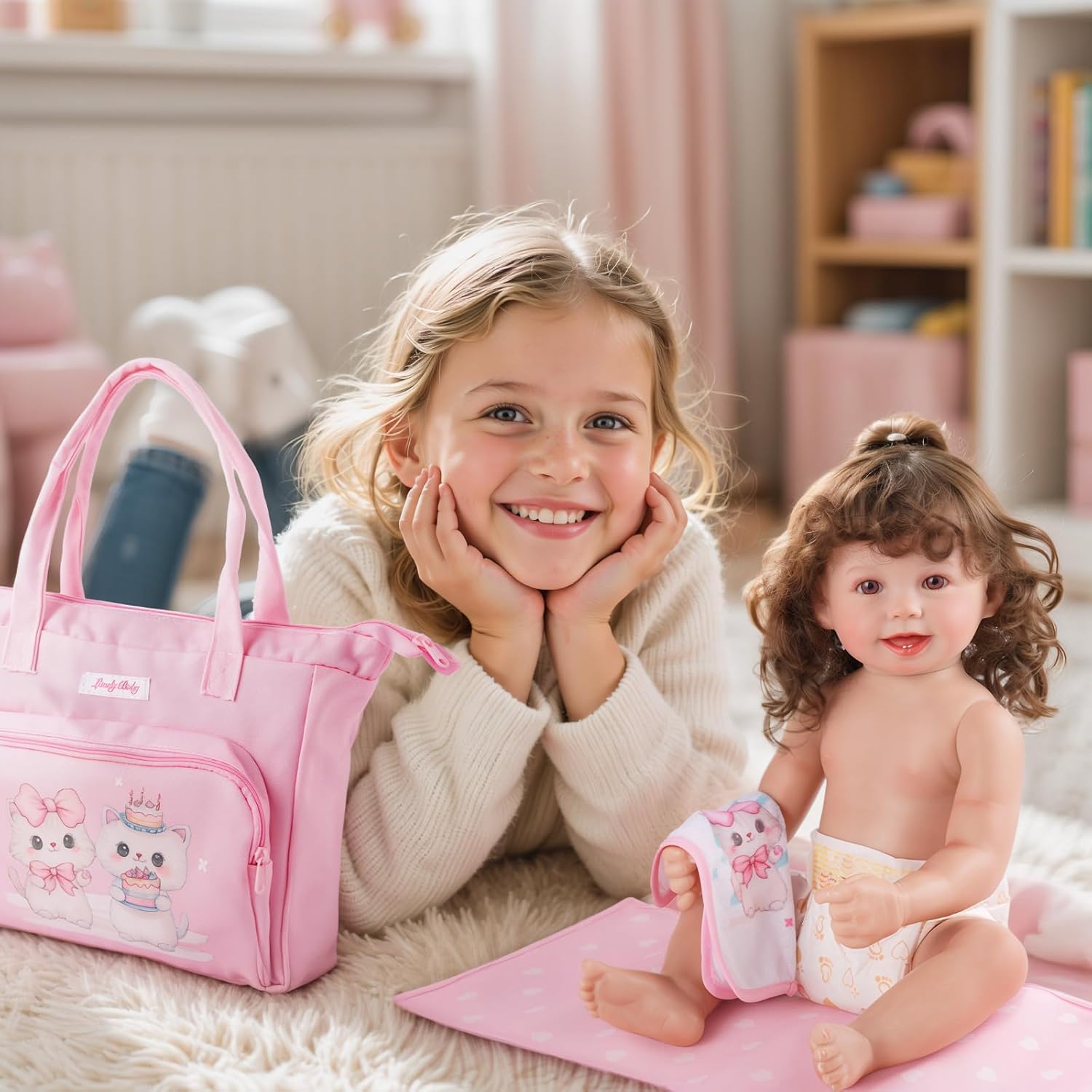 BABESIDE 5 Pcs Baby Doll Diaper Bag Set, Cute Cat Patterns Baby Doll Accessories with Pink Dolls Diaper Bag Changing Pad and Dolls Towel, Pretend Play Toys for Girls
