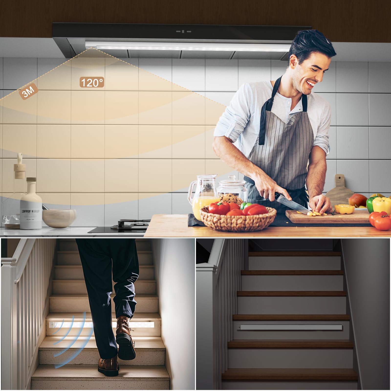 OUILA - Lámpara de armario led recargable de 60 cm, regulable, para interior, inalámbrica, con sensor de movimiento, luz de 3000K/4000K/6500K, para armarios, pasillos, escaleras y cocinas