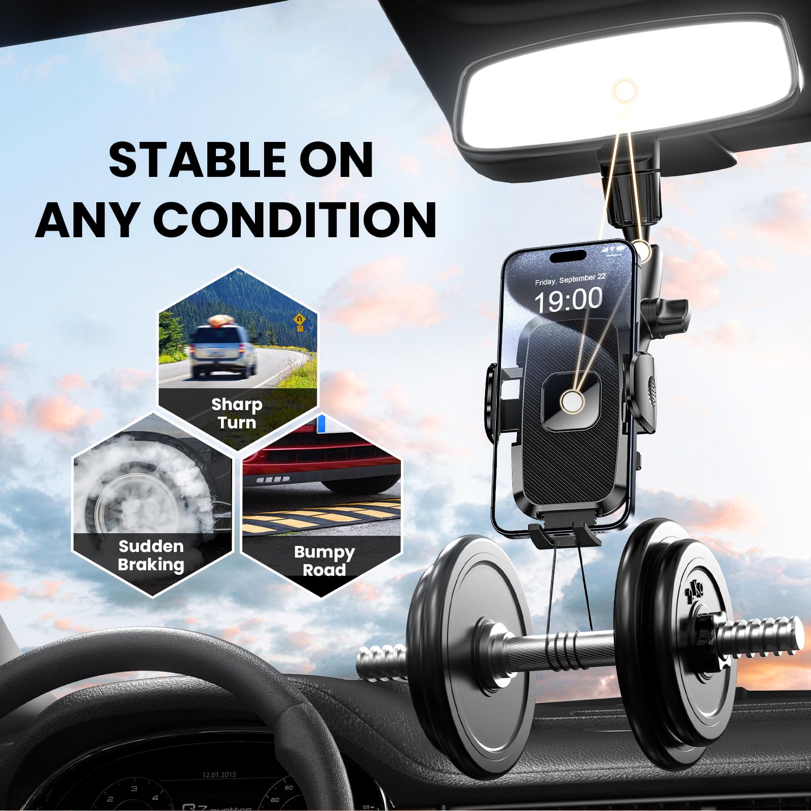 Soporte para teléfono de Coche, Espejo retrovisor, Soporte Giratorio de 360°, Compatible con Todos los teléfonos celulares iPhone y Android de 4 a 7 Pulgadas