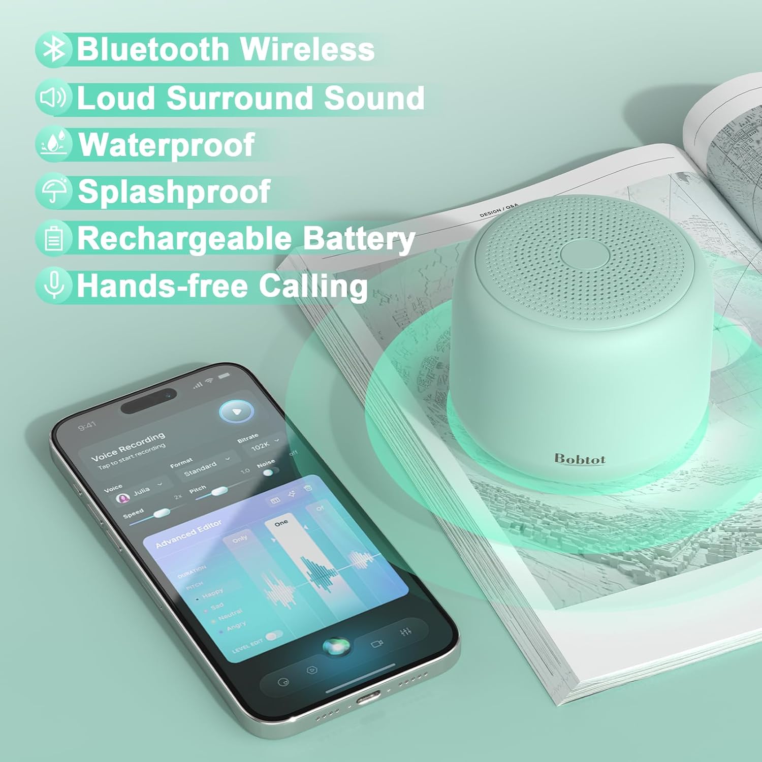 Bobtot Portable Bluetooth Speakers with Strap Easy to Carry, Wireless IPX5 Waterproof Mini Speaker with Loud Stereo Sound, 20 Hours Playtime, Rechargeable Battery, Built-in Microphone, Green - Image 2