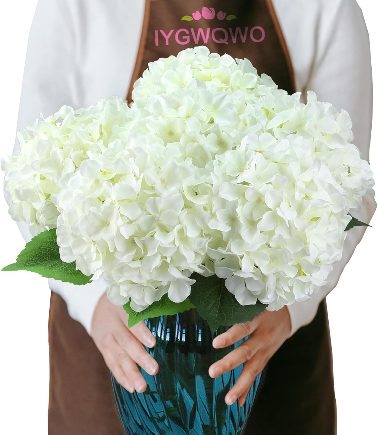 6PCS White Large Silk Hydrangea Flowers, 20 in Full Faux Hydrangea Artificial Flowers with Stems Leaves for Fake Lifelike Spring Bouquets Wedding Party Table Centerpieces Indoor (White)