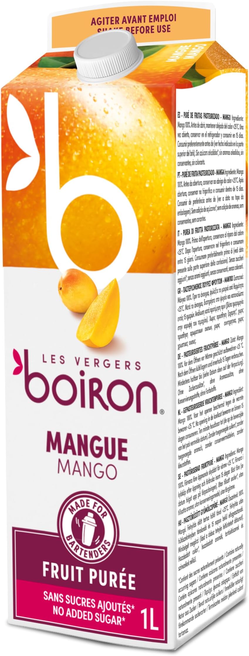 Boiron | Mango Fruit Puree | 100% Fruit - No Added Sugar, Flavourings, Colourings or Preservatives | Perfect for Cocktails, Desserts, Baking & Ice Cream | 1 Litre