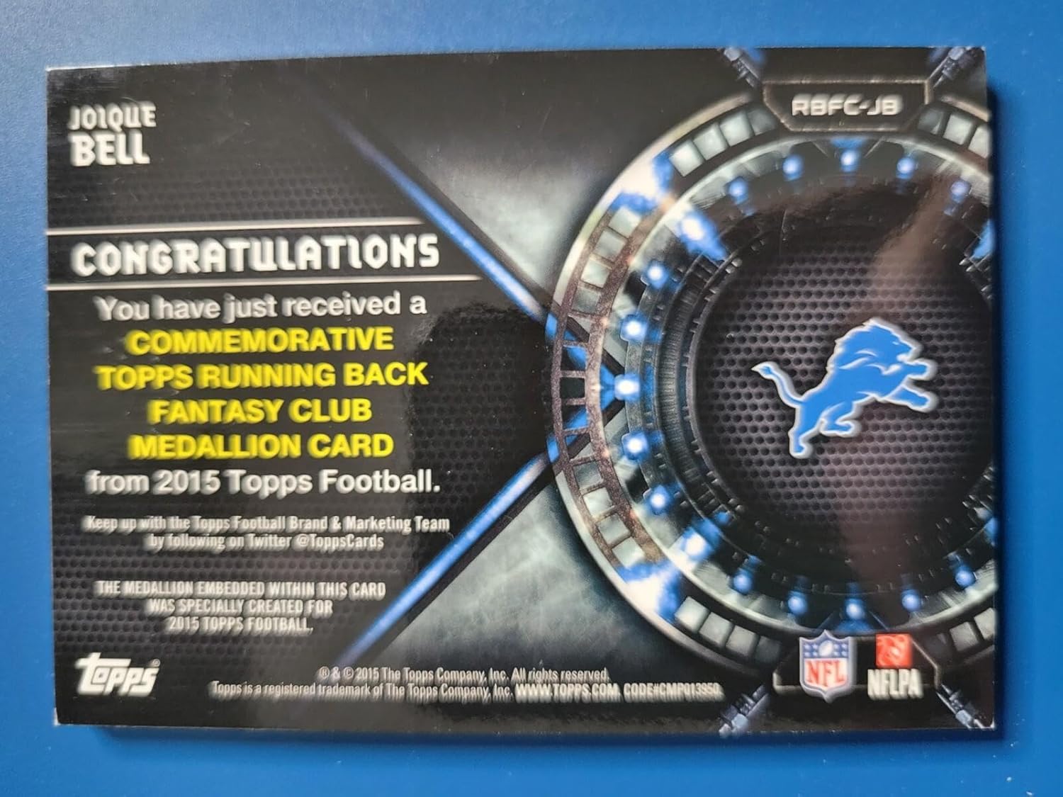 Joique Bell 2015 TOPPS COMMEMORATIVE FANTASY CLUB MEDALLION #D /25 LIONS! - Football Cards