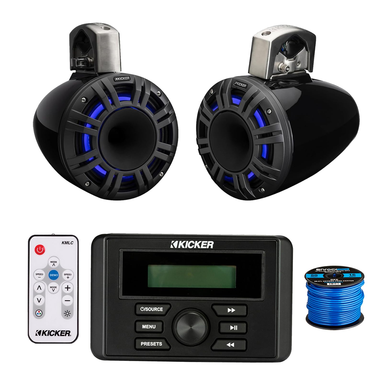 Kicker 46KMC3 All-Weather Marine Gauge Style USB Bluetooth AM/FM Media Center Receiver, 2X 6.5 300 Watt Peak Multicolor LED Marine HLCD Tower Speakers (Black) with LED Remote, 16 Gauge 50 feet Wire
