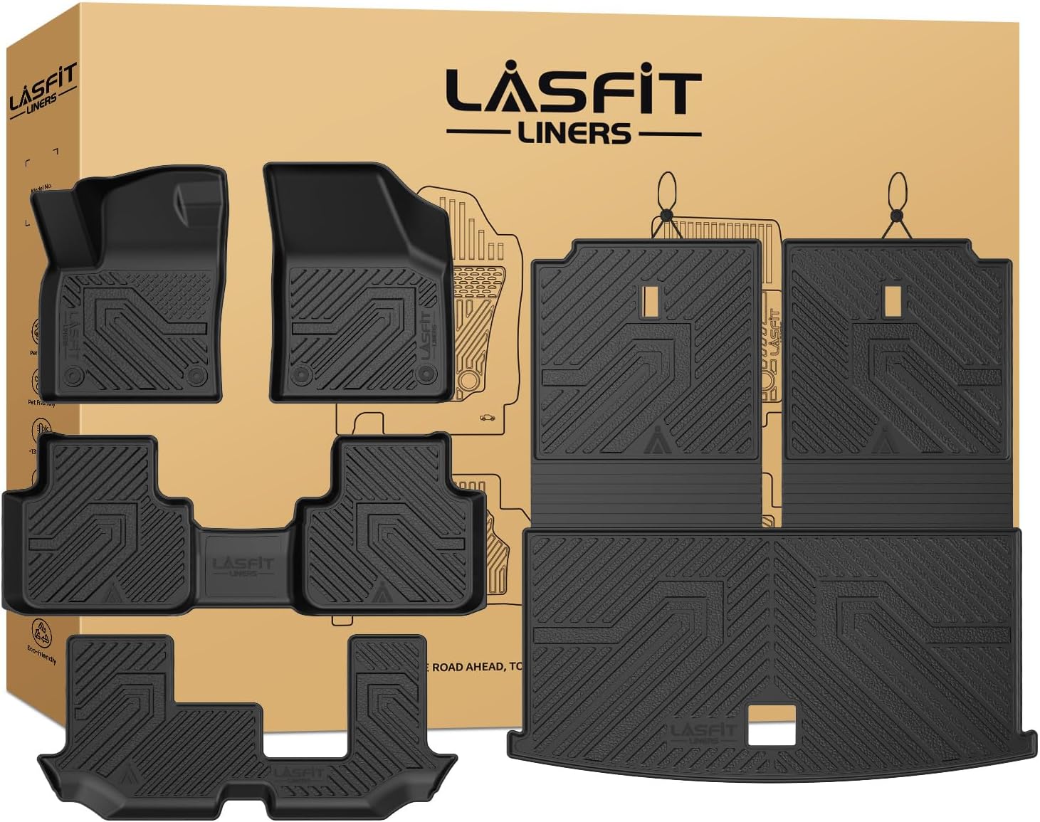 LASFIT Floor Mats for Volkswagen VW Atlas 2019-2026 7 Seats(Bench Seating), All Weather TPE Custom Fit 3 Rows Floor Liners and Backrest & Trunk Mats for VW Atlas Accessories Full Set Car Mats, Black