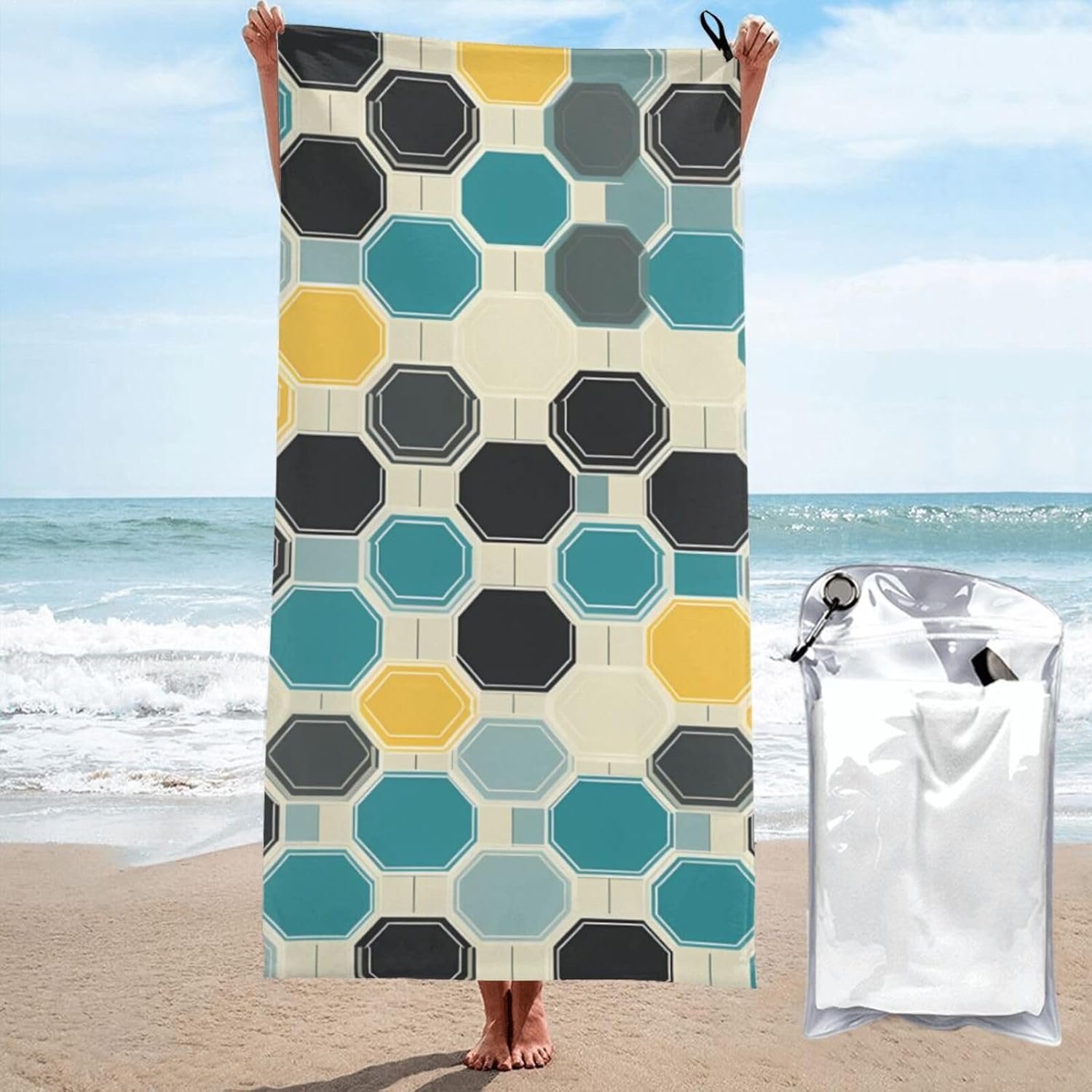 KHiry Microfiber Towel Beach Towels Octagons Printed Quick Dry Towel Soft Lightweight Travel Towels Absorbent Large Easy Pack Travel Things Beach Blanket for Gym Sports Swimming