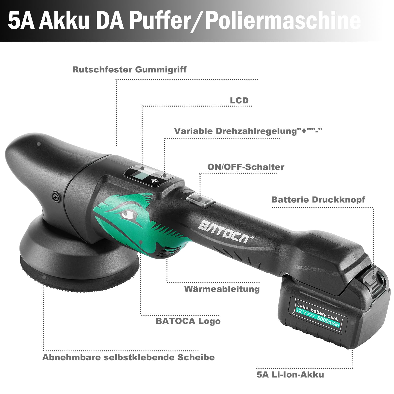 BATOCA S2 Auto Poliermaschine,Akku Polierer,LCD Geschwindigkeitsanzeige 2000-4500RPM,8mm Exzenter/Orbital Puffer,Polieren Auto,Polierset mit 2 5000mAh Akkus,125mm Polierschwamm,Polnisch Schleifen