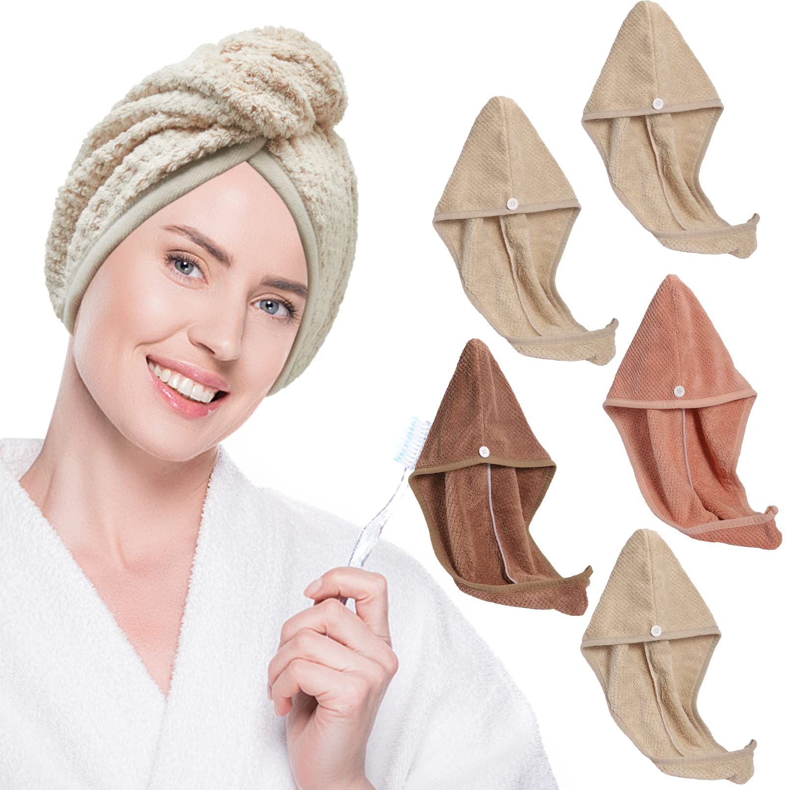 Turban do włosów, 5 sztuk, turban, ręcznik z guzikiem, szybkoschnący ręcznik do włosów, ręcznik z mikrofibry, turban, ręczniki do wszystkich rodzajów włosów
