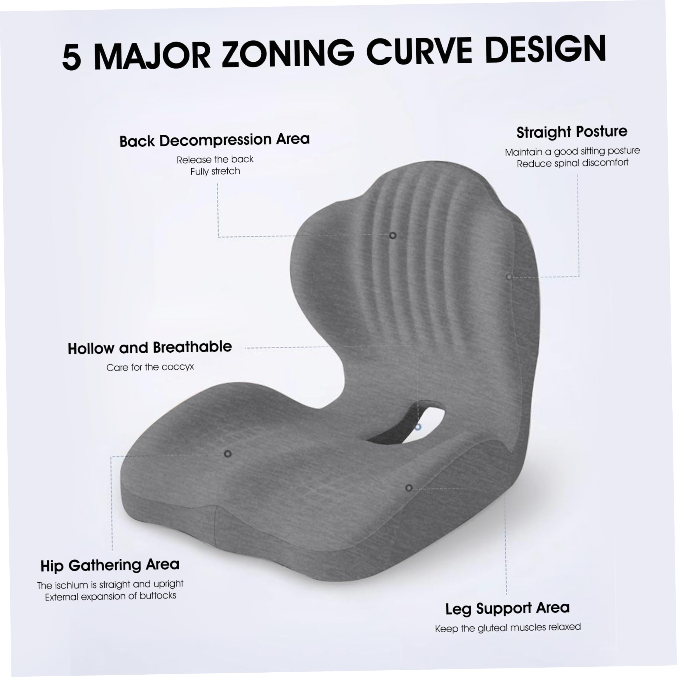 Cuscino ortopedico Cuscino da seduta ergonomico in memory foam a forma di L con cuscini per sedia da ufficio cavi in ​​coccige ideali per il comfort della schiena lombare Grigio