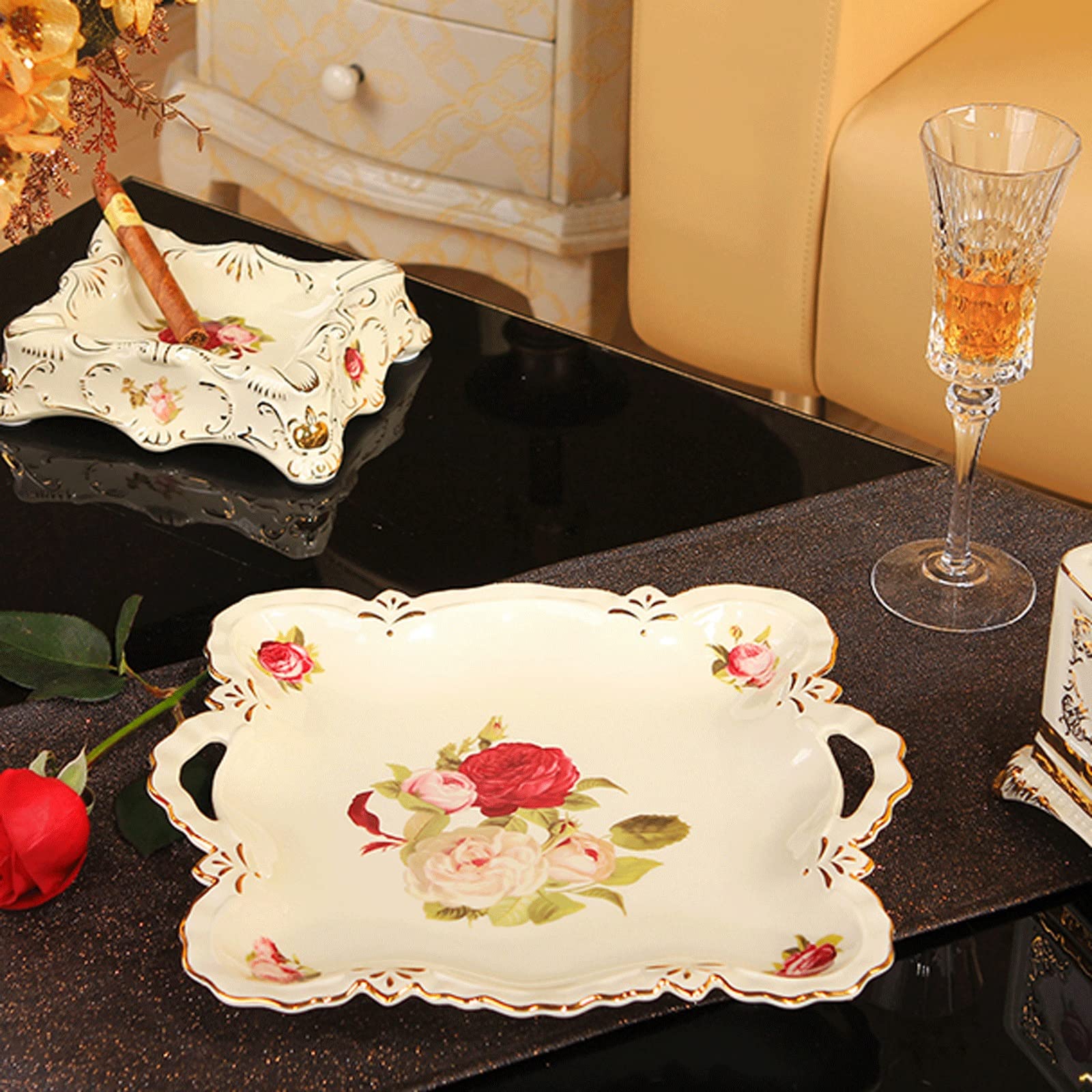 Bandeja Bandeja de cerámica con bandeja de mango Bandeja de servir con adornos de oro Tray decorativa Bandeja de flores Fits Cómoda Baño Cocina Café Mesa de centro Blanco Bandeja Antideslizante