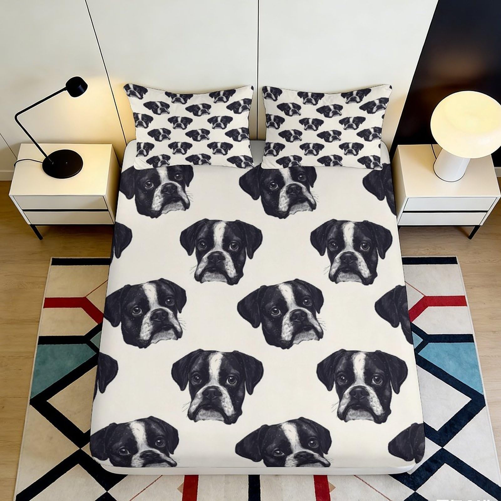 3D Printed Bulldog Pattern Fitted Sheet Microfiber Soft Beige Dog Face Bed Cover for Bedroom Guestroom Mattress Protection 90x200x25cm