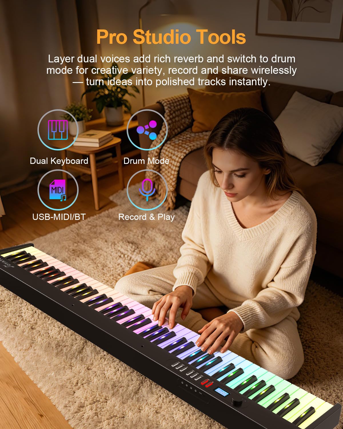Pianoforte pieghevole a 88 tasti con tasti luminosi, FP88CL Full Size tastiera semi-ponderata per principianti, pianoforte elettrico portatile con USB-MIDI, pedale sustain, borsa per il