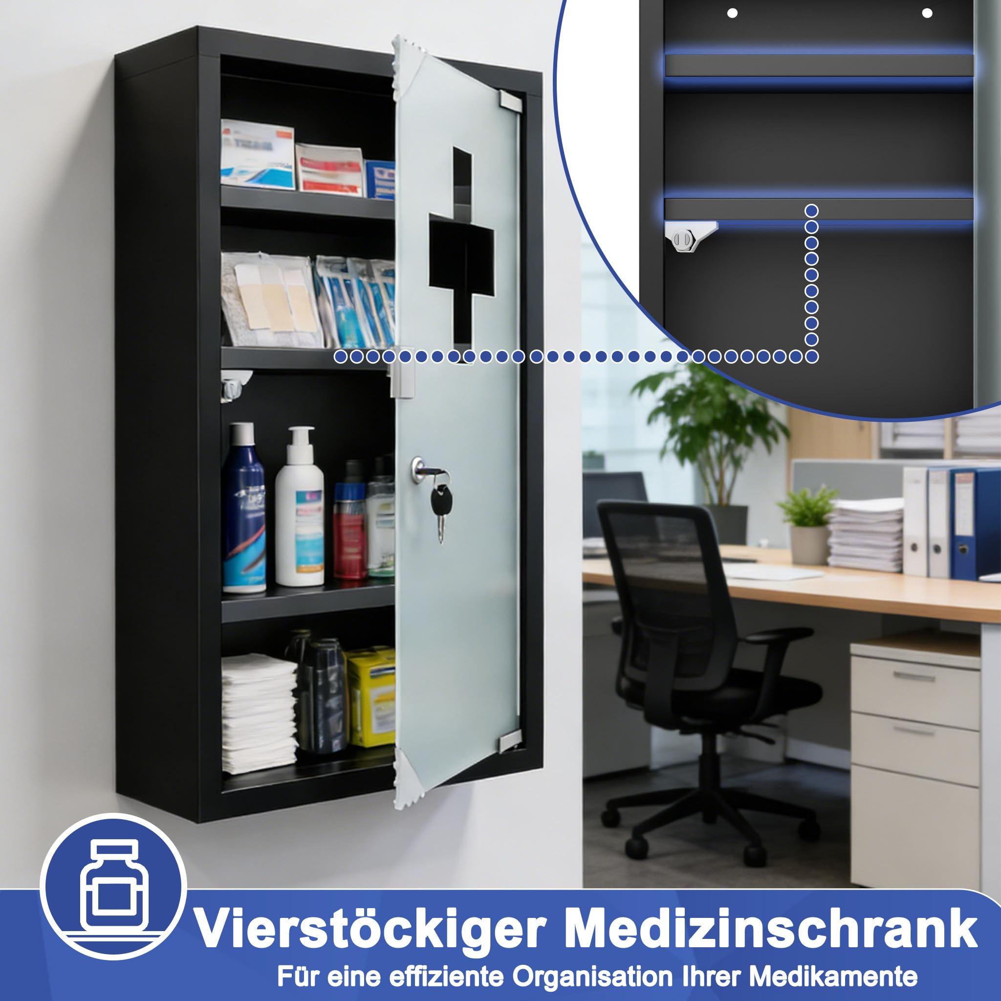 AufuN Armoire à pharmacie en acier inoxydable avec porte en verre, de nombreux compartiments pour la maison (4 compartiments, noir)