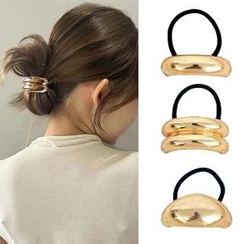 3 PCS Metal Hair Ties Gold Hair Cuffs Metal Hair Cuffs for Ponytails Gold Hair Ties Geometric Elastic Hair Ties Golden
