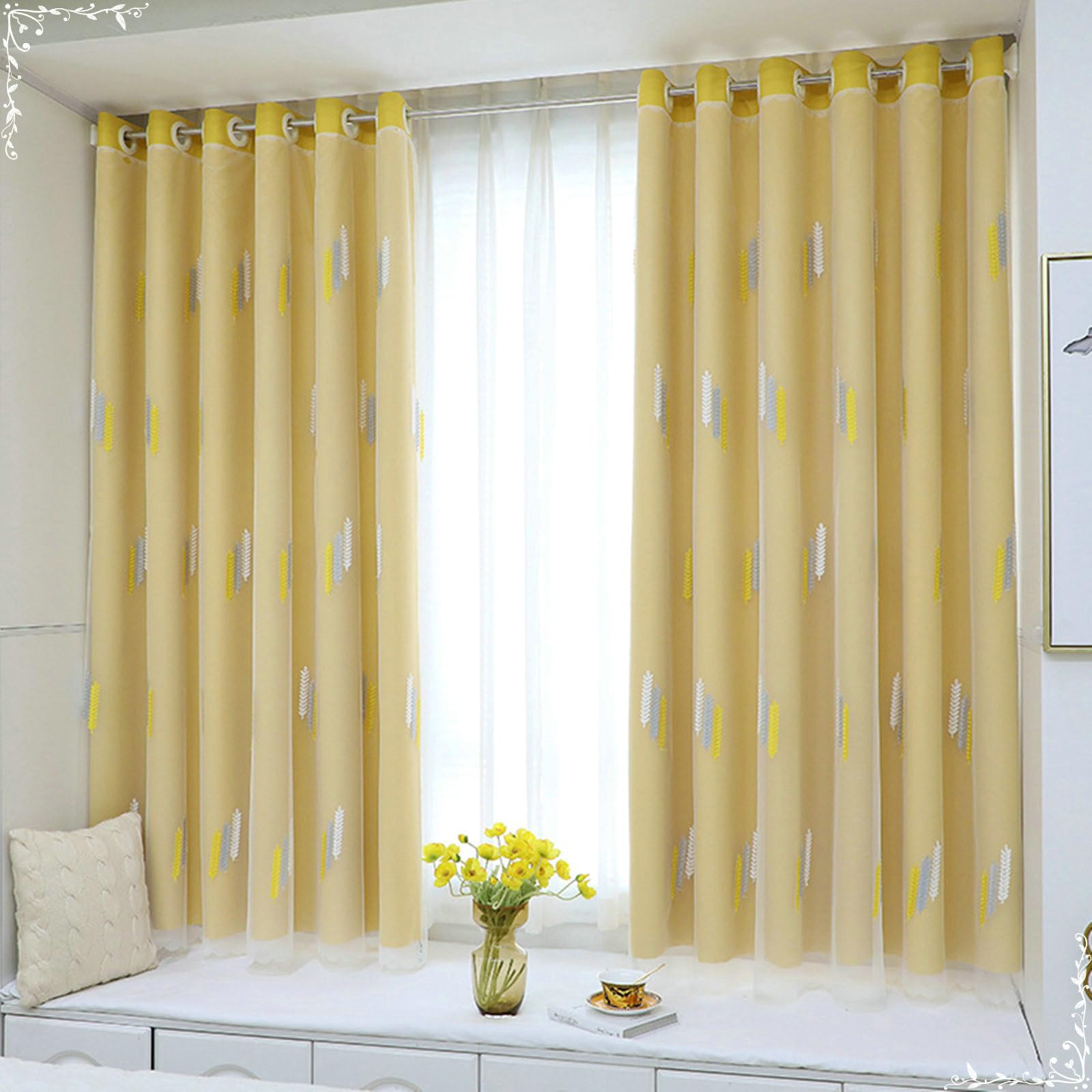 Gualiy Rideau Salon Lot de 2, Rideau Jaune 137x229CM Rideaux Thermiques Isolants Blé Brodé Double Couche Rideaux pour Salon, Chambre à Coucher