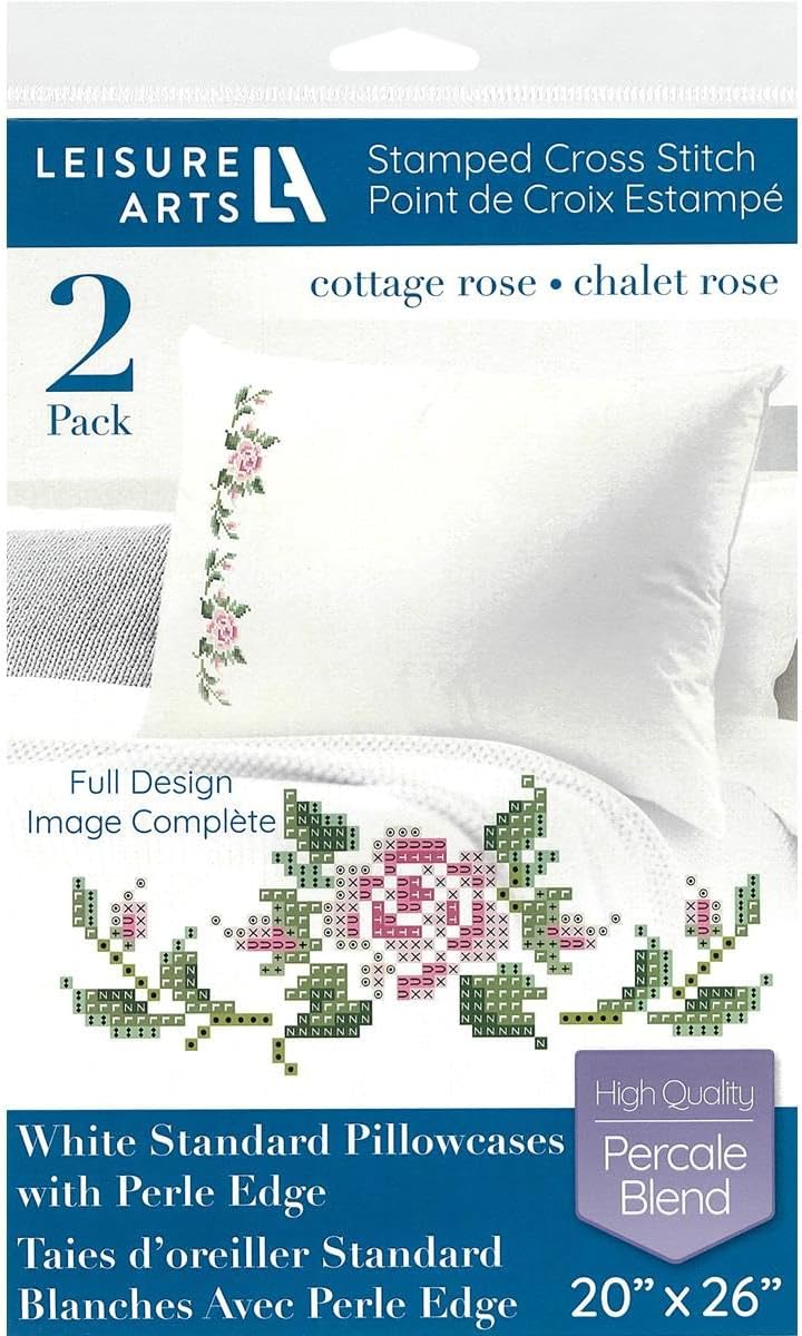 LEISURE ARTS Pillowcase 20x26 Cottage Rose 2pc, Embroidery Pillow Kit, Stamped Embroidery Pillowcases, Embroidery Pillow Cases Stamped, Stamped Cross Stitch Pillow Cases