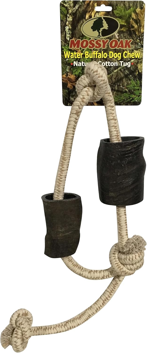QT Dog Mossy Oak: Water Buffalo Horn & Tug Dog Chew - 34" Slip-Knot Natural Cotton Rope, Pet Toy, No Preservatives, Horn, Long-Lasting, Combines Play-Chewing