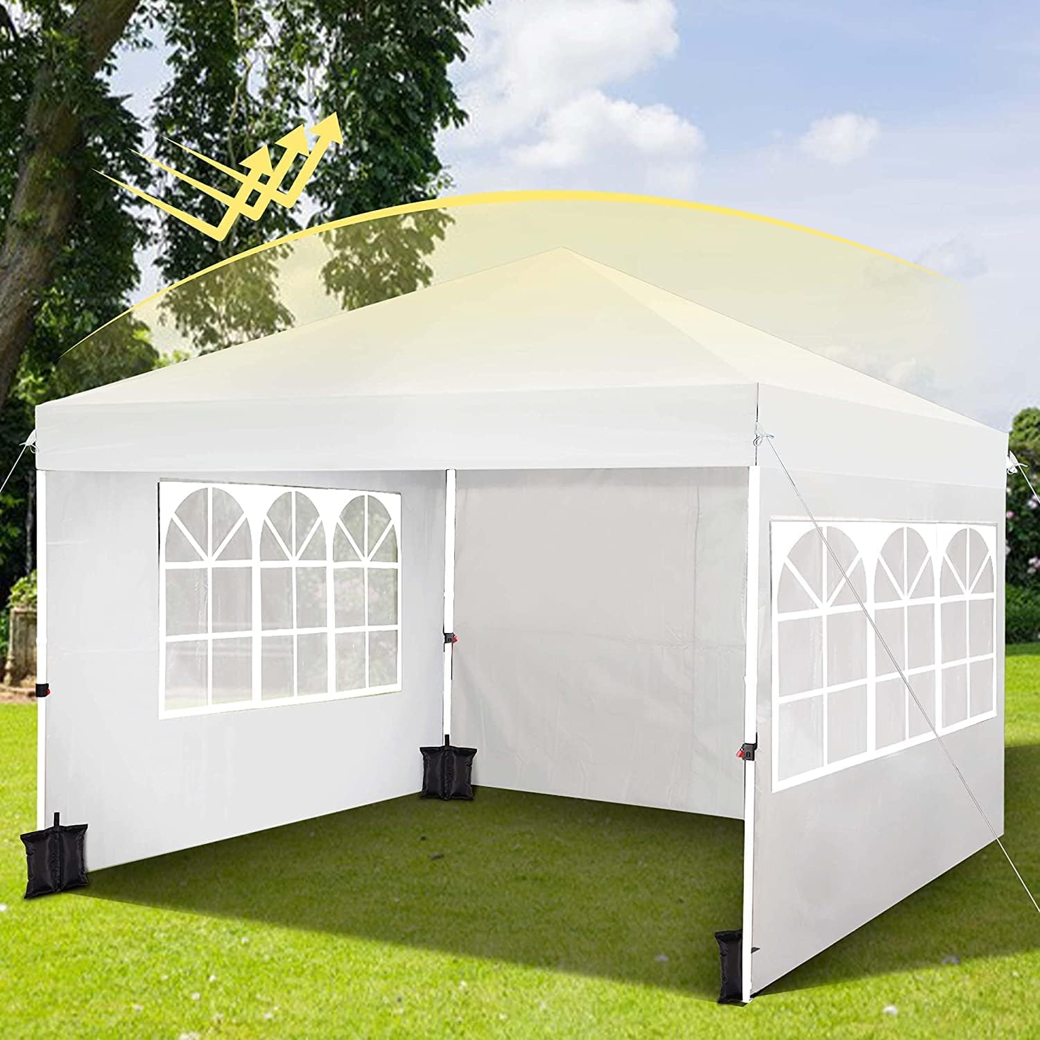 White canopy with three side panels attached in a garden setting