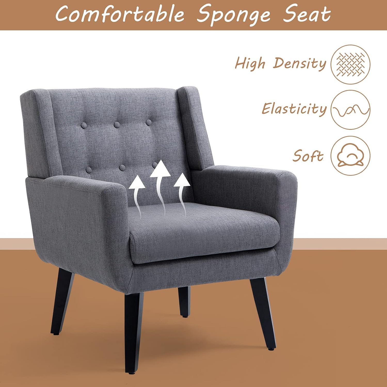 AVAWING Morden Accent Chair, Mid-Century Modern Upholstered Sofa Chair with Rubber Wood Legs, Comfy Linen Fabric Armchair for Living Room, Bedroom, Office (Grey)