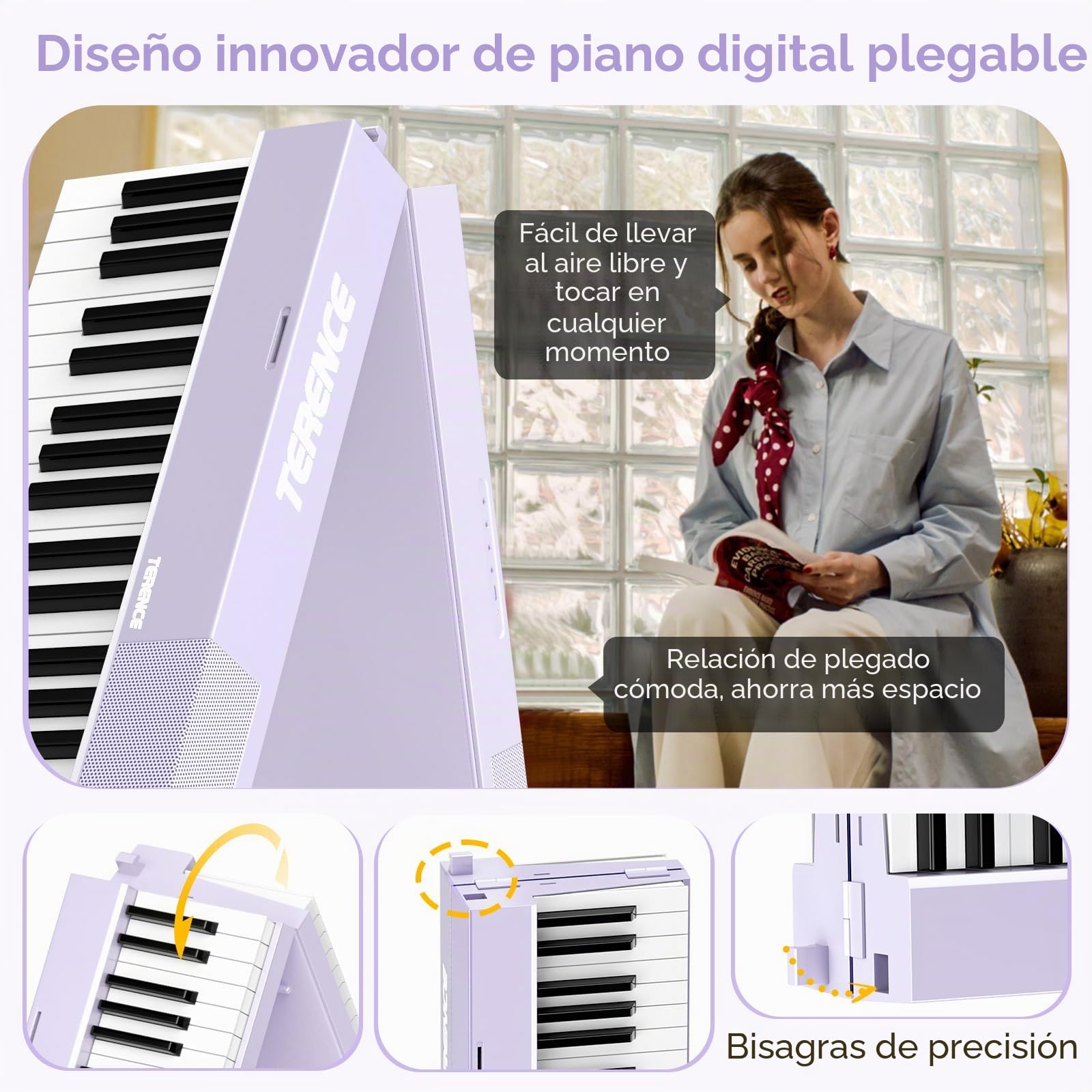 TERENCE Piano Plegable de 88 teclas con batería de 1800mAh 2x5W Altavoces Pedal Piano Bluetooth interfaz MIDI soporte para partituras bolsa adhesiva cable de audio pedal piano púrpura