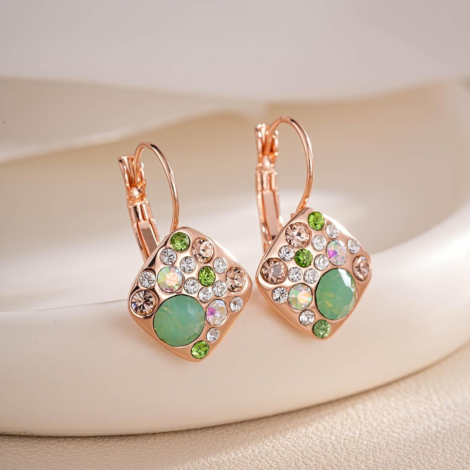 Multicolored Austrian Crystal Square Drop Leverback Earrings for Women 14K Gold Plated Huggie Earrings Hypoallergenic Jewelry - Image 5