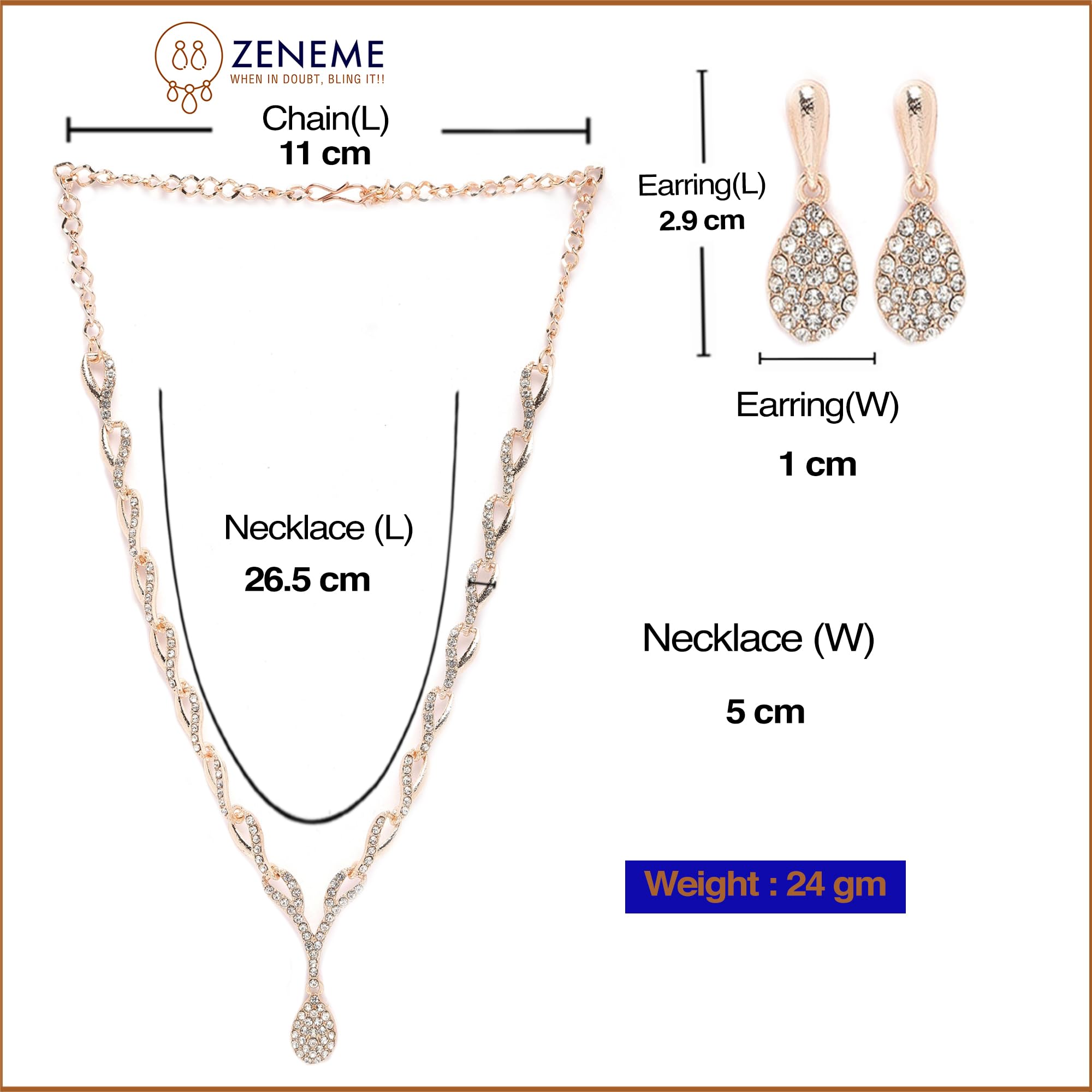 Teardrop Necklace & Earrings Set, CZ Studded, Oxidised Silver-Plated