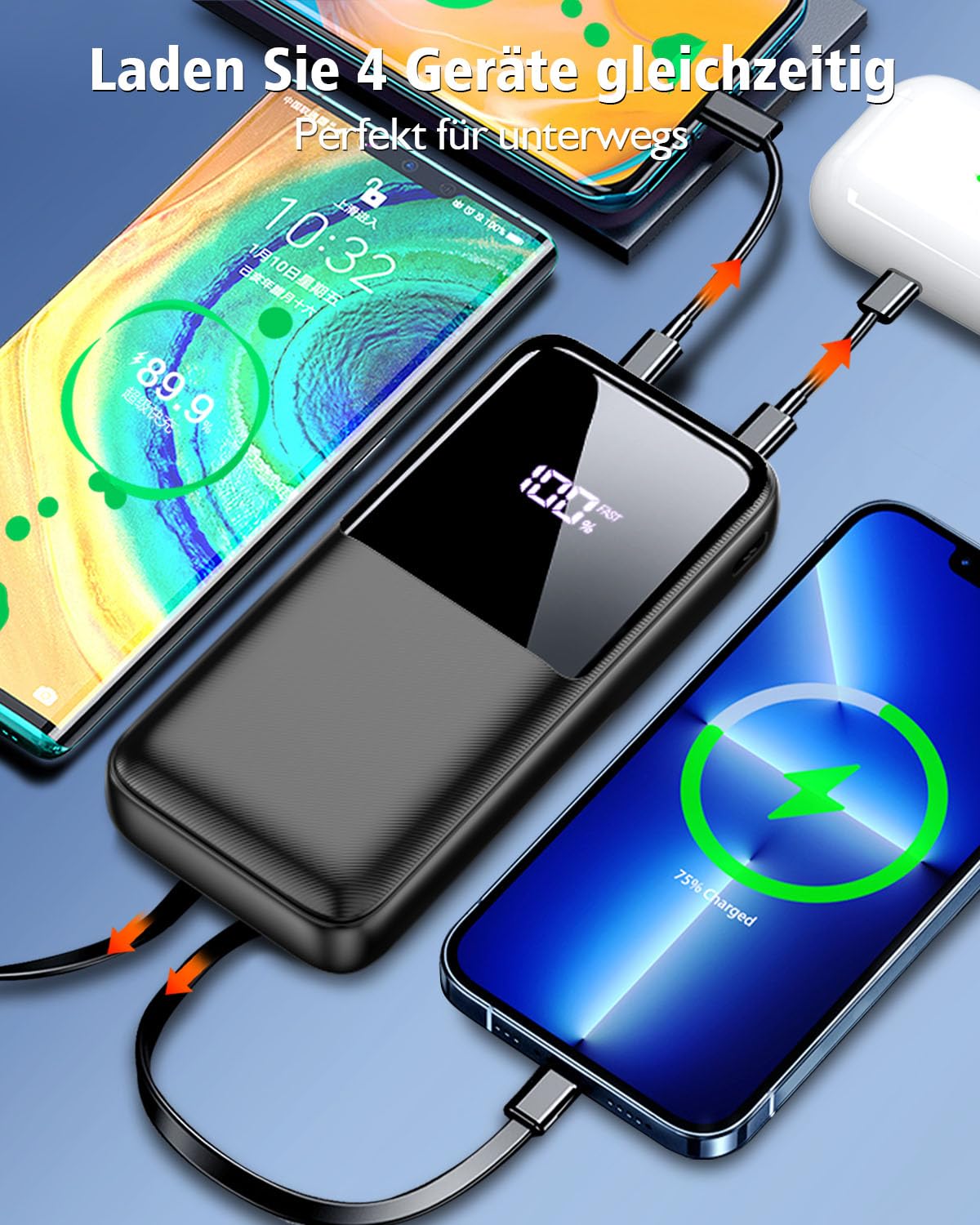 Power Bank Carica Rapida, 26800mAh Caricatore Portatile, Nero Opaco | Cavi Integrati USB-C&iOS, Carica 4 Insieme, Display LED, Powerbank 22.5W Compatibile con iPhone 17/16 Android, TSA Approvato