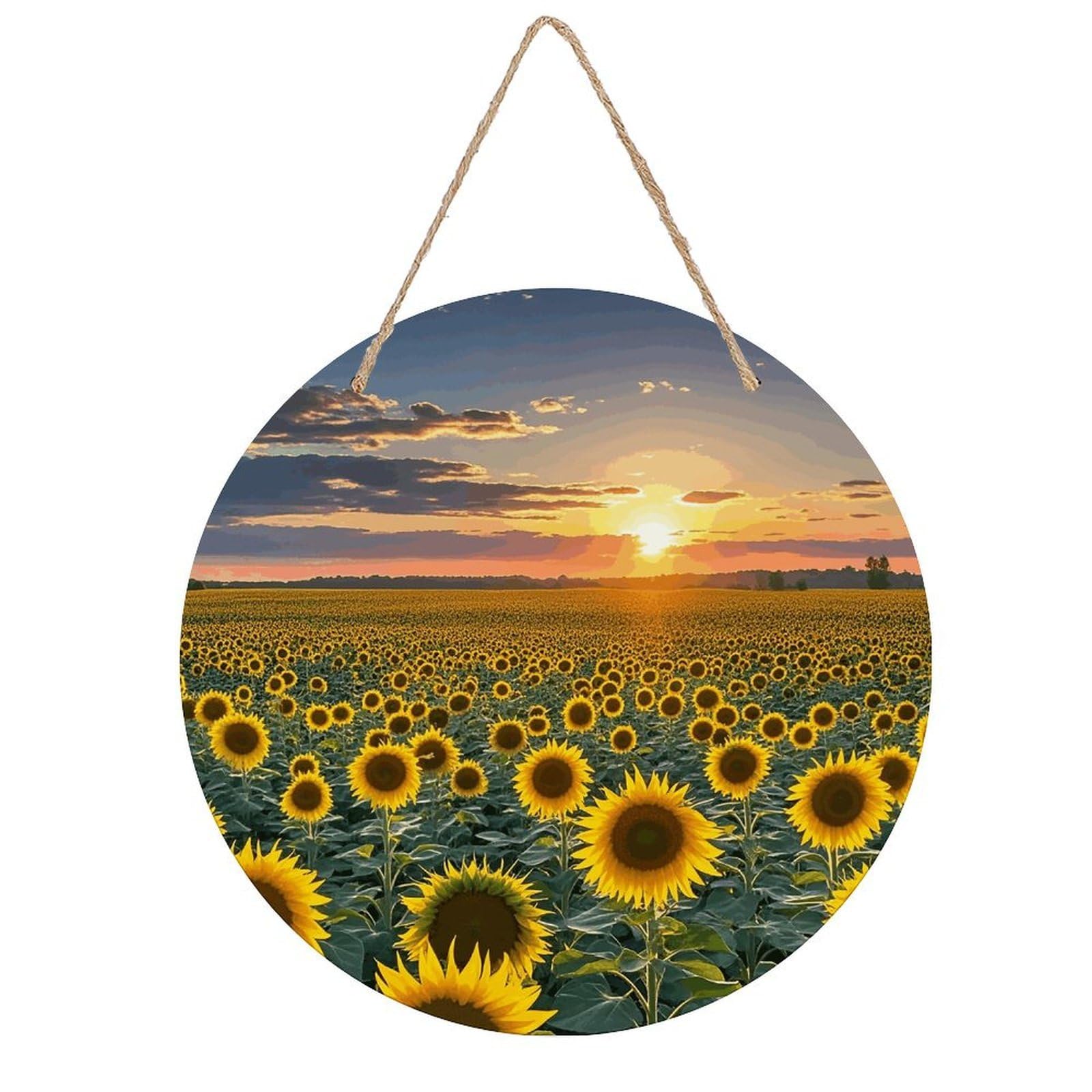 VstaDank Dreamlike Sunset Of A Sunflower Field Wall Decor Round Wood Hanging Sign 7.9x7.9 in Wooden Circle Door Hanger with Ropes, Rustic Wall Art Decor for Home Front Door Indoor Outdoor Decoration