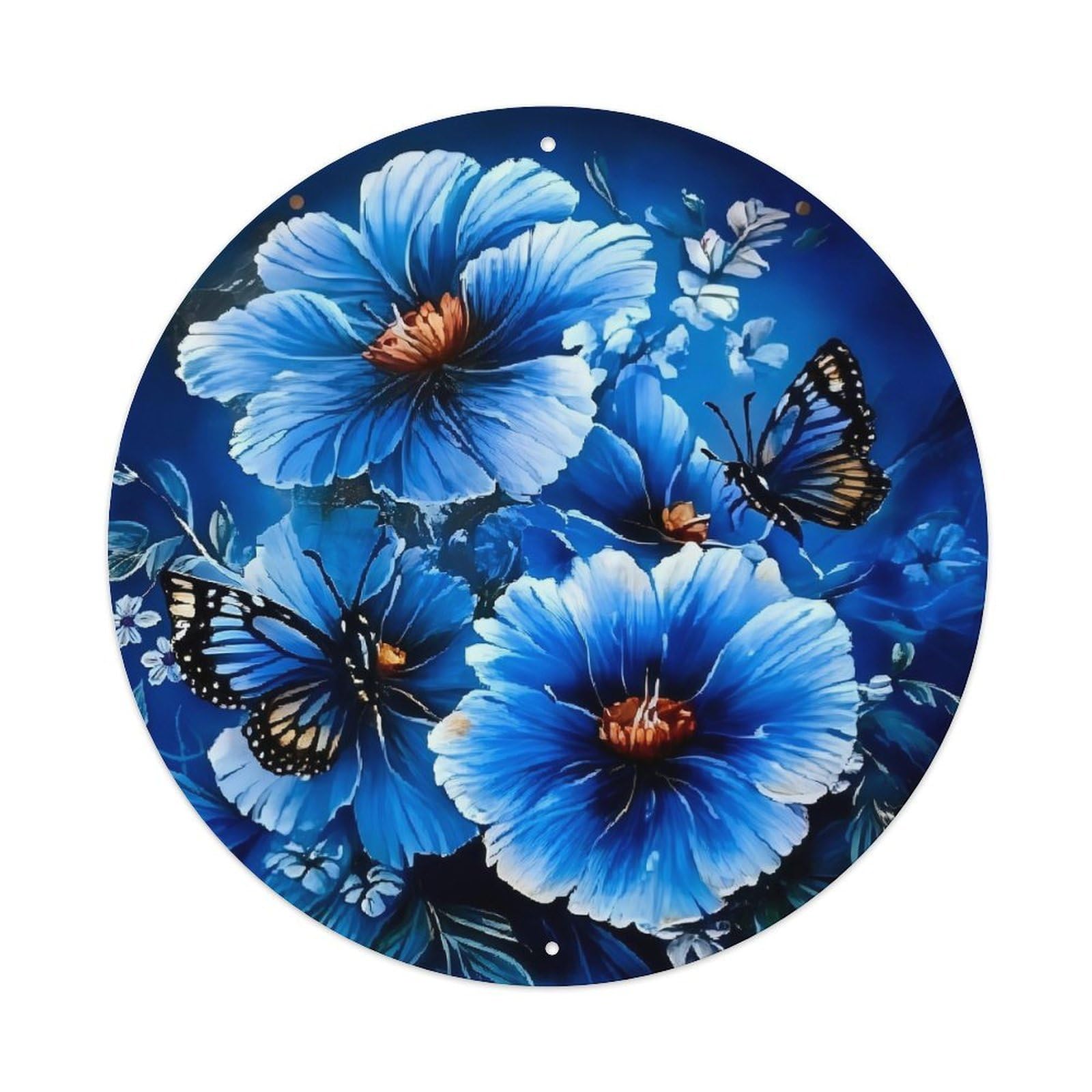 Blue Flowers Butterflies Leaves Pattern Round Tin Sign Retro Metal Sign for Cafe Bar Pub Home Game Room Gym Club Wall Decoration Vintage Metal Poster 8x8 Inch