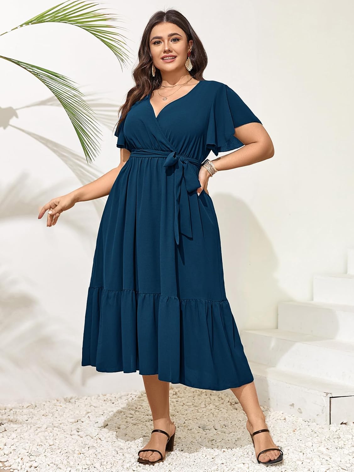 SCOMCHIC Womens Plus Size Wedding Guest Dresses Summer Wrap V Neck Short Sleeve Belted Ruffle Hem A-Line Flowy Maxi Dress - Image 4