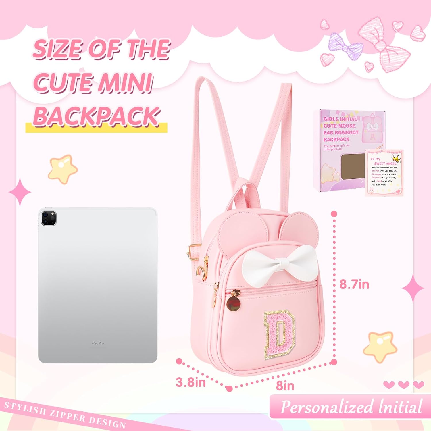 Personalized Toddler Backpack for Girls 3–10, Cute Mini Bowknot Mouse-Ear Toddler Bookbag Crossbody Purse, Small Daypack Wallet Set, Initial Birthday Gift, Trendy Little Kids/Teen Bag(Pink,D) - Image 3