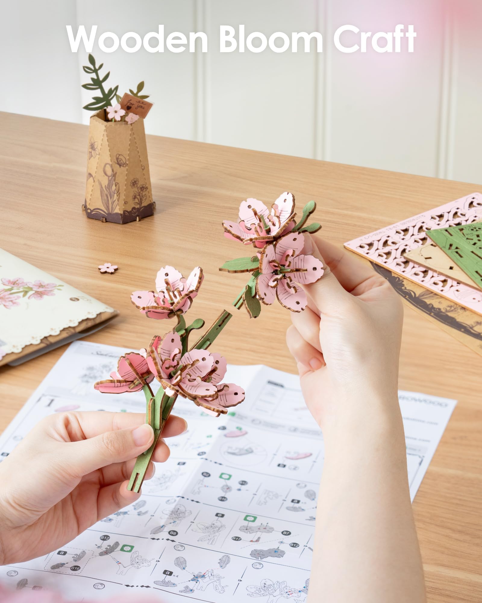 ROBOTIME 3D Wooden Flowers Puzzle Sakura, Artificial Bloom Jigsaw, Model Kits for Adults to Build DIY Craft Set - Image 4