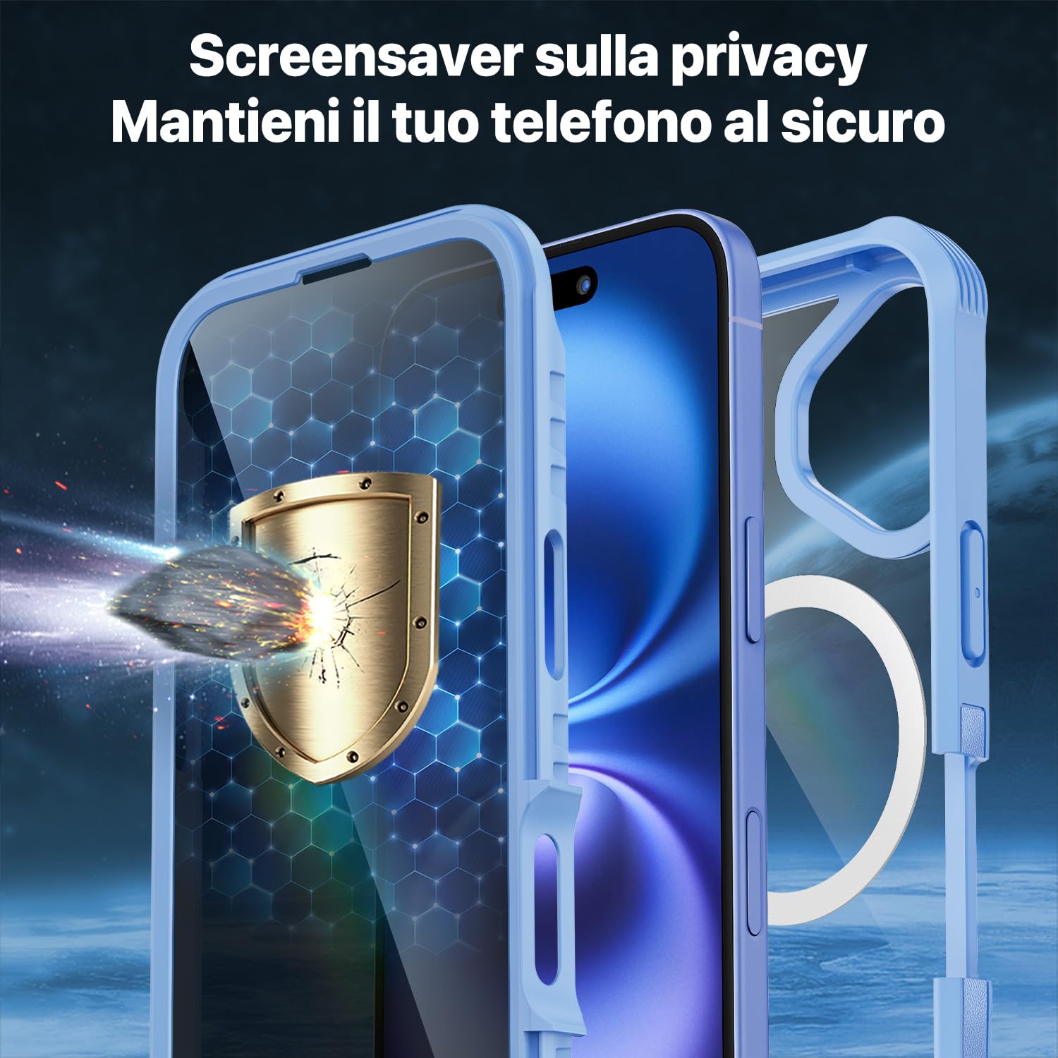 CENHUFO Magnetica Privacy Cover iPhone 16 Plus, Compatibile con Magsafe Integrata Vetro Temperato Anti Spia Schermo e Protezione Fotocamera Custodia Antiurto 360 Gradi Rugged Doppia Faccia Case -Blu